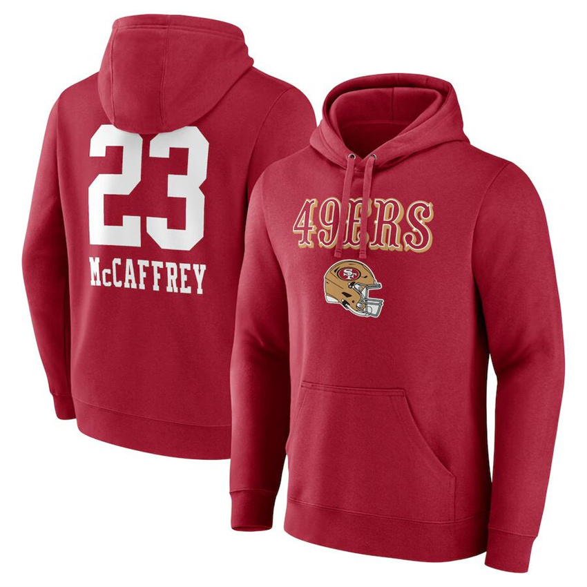 Men's Red San Francisco 49ers #23 Christian McCaffrey Team Wordmark Player Name & Number Pullover Hoodie